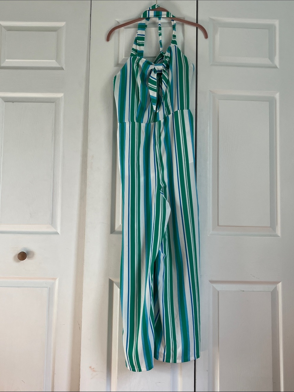 a new day Green & White Halter-Top Striped Jumpsuit
